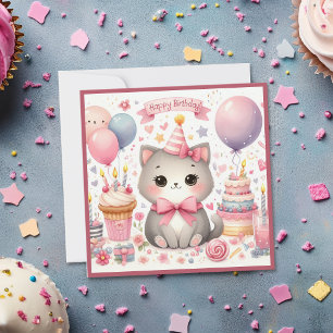 Tarjeta Lindo Gatito Kawaii Celebrando Feliz Cumpleaños
