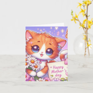 Tarjeta Lindo Gatito Naranja con Margaritas Día de la Madr