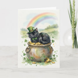 Tarjeta Lindo gato negro del día de San Patricio olla de o