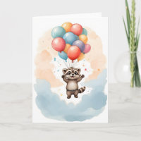 Lindo mapache de acuarela globos de colores en bla