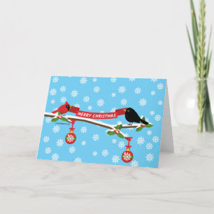 Tarjeta Lindo mirlo y cardenal en rama - FELIZ NAVIDAD