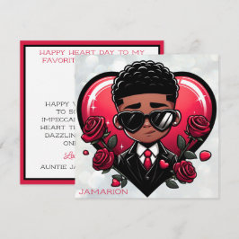 Tarjeta Lindo niño afroamericano corazón rojo de San Valen