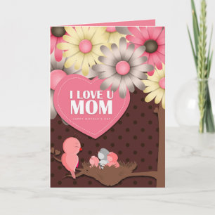 Tarjeta Lindo pajarito rosa amarillo marrón floral Día de