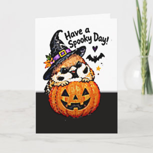 Tarjeta Lindo pájaro gorrión chibi de Halloween calabaza