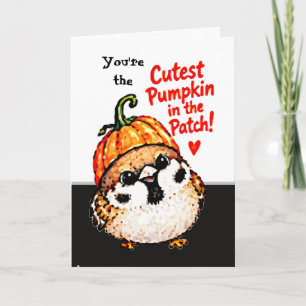 Tarjeta Lindo pájaro gorrión chibi de Halloween calabaza