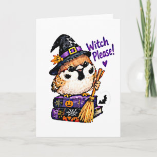 Tarjeta Lindo pájaro gorrión Chibi Halloween Bruja Por fav
