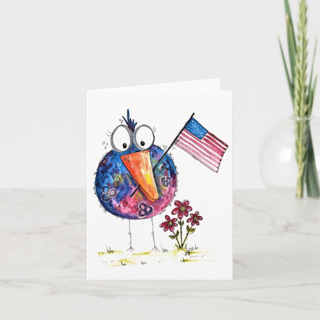 Tarjeta Lindo pájaro patriótico caprichoso con bandera (Anverso)