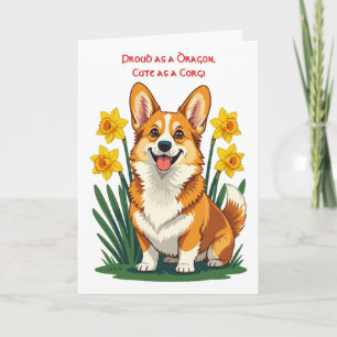 Tarjeta Lindo perro Corgi con narcisos