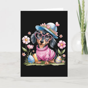 Tarjeta Lindo perro salchicha Dachshund huevos florales dí
