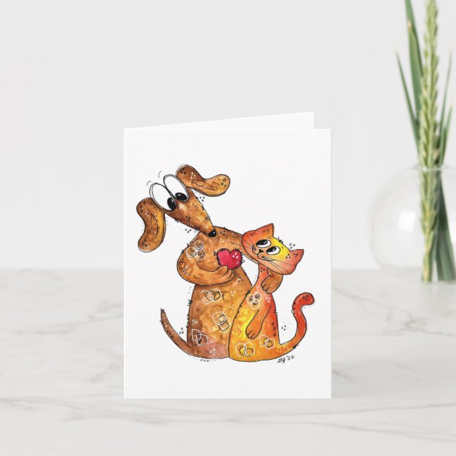 Tarjeta Lindo perro y gato caprichoso (Anverso)