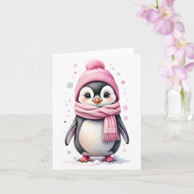 Tarjeta Lindo pingüino con sombrero y bufanda rosados tarj (Orquídea)
