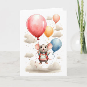 Tarjeta Lindo ratón de acuarela flotando con globos en bla