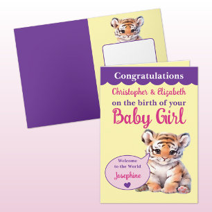Tarjeta Lindo tigre agregar nombres rosa púrpura niña bebé