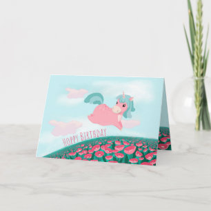 Tarjeta Lindo Unicornio de Dibujos Animados Rosa y Menta