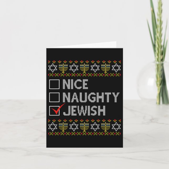 Tarjeta Lindo y travieso judío Ugly Hanukkah Sweater Funny (Anverso)