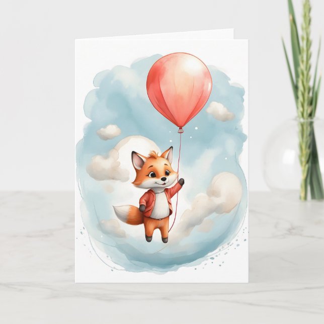 Tarjeta Lindo zorrito de acuarela globo rojo grande en bla (Anverso)