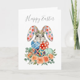 Tarjeta Lindos huevos de Pascua con conejo floral de acuar