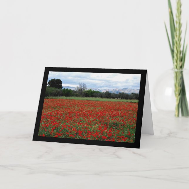 Tarjeta Línea de árboles en campo de amapolas (Anverso)