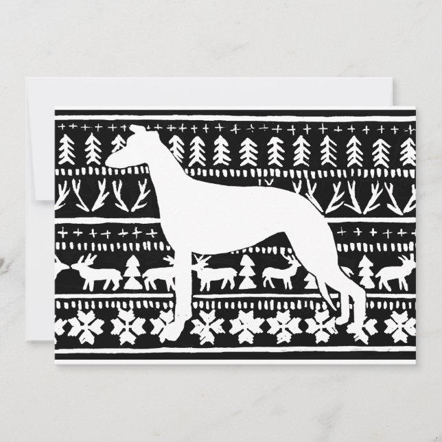 Tarjeta Linocut Navidades de Fairisle Sighthound (Anverso)