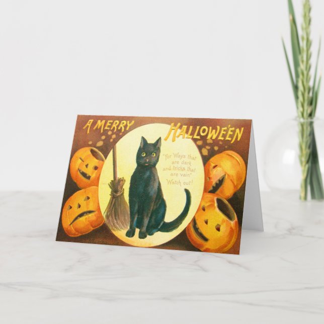 Tarjeta Linterna de Jack O del gato negro de la calabaza (Anverso)