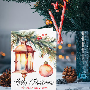 Tarjeta Linterna de navidades con rama de Pino Holly Berri