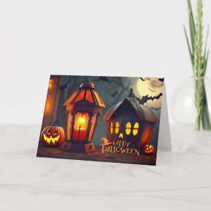 Tarjeta Linterna feliz de Halloween, murciélagos nocturnos