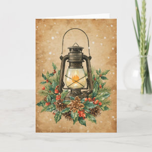 Tarjeta Linterna vintage de acebo pino rústico festivo cál