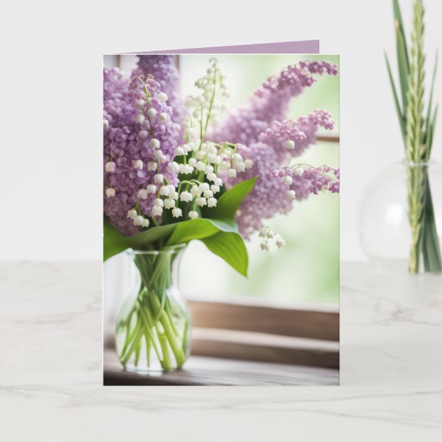 Tarjeta Lirio de cumpleaños del valle y Bouquet Lilac (Anverso)