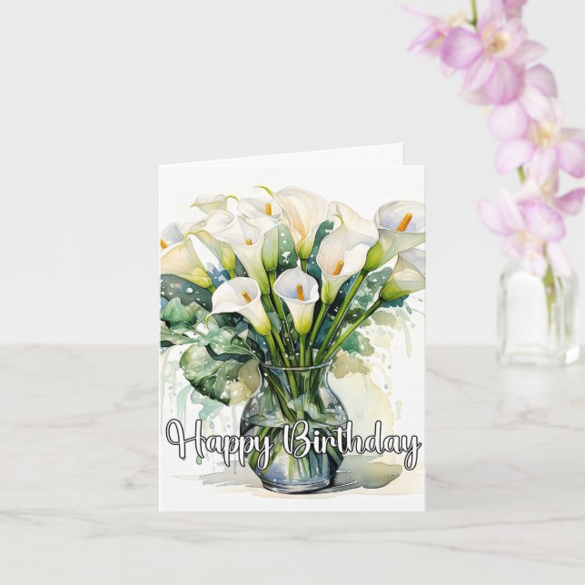 Tarjeta Lirios de Calla en Flor Feliz Cumpleaños (Orquídea)