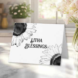Tarjeta Litha del solsticio de verano de girasoles en blan