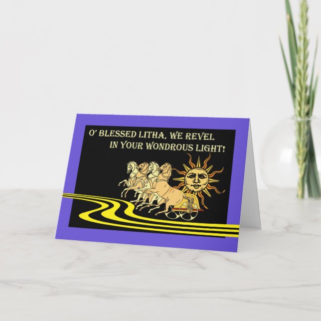 Tarjeta Litha, solsticio de verano, sol, caballos y carrua (Anverso)