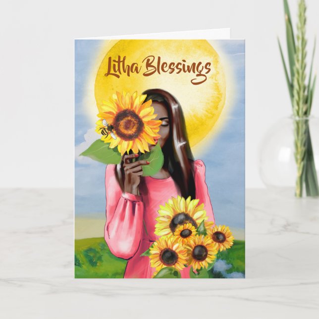 Tarjeta Litha Summer Solstice Sunflowe Lady Greet (Anverso)