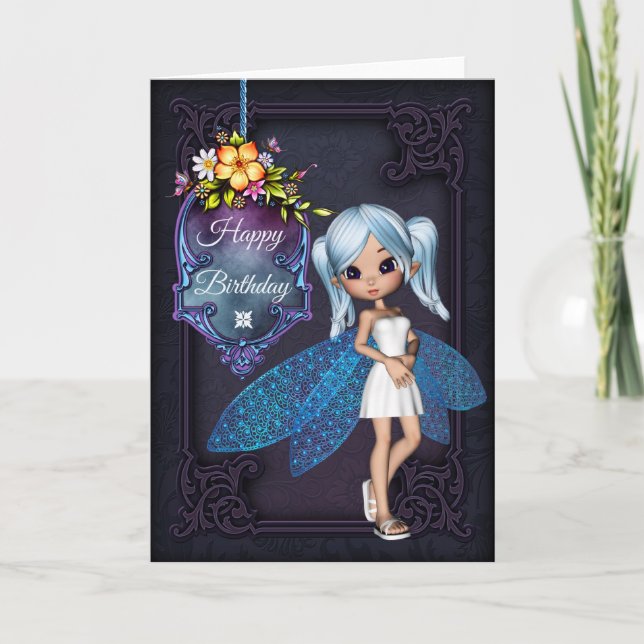 Tarjeta Little Blue Wing Fairy Happy Birday Card 1 (Anverso)