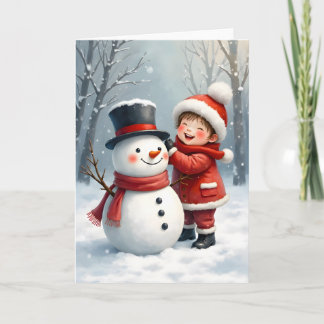 Tarjeta Little Boy Building a Snowman Blank Christmas