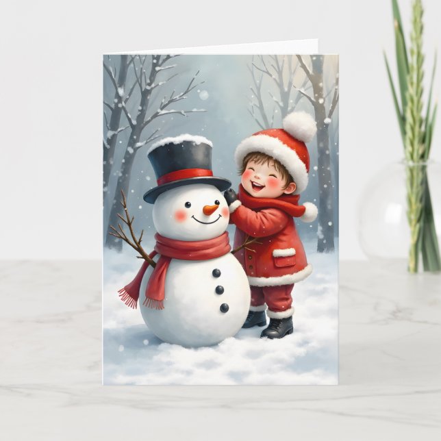 Tarjeta Little Boy Building a Snowman Blank Christmas  (Anverso)