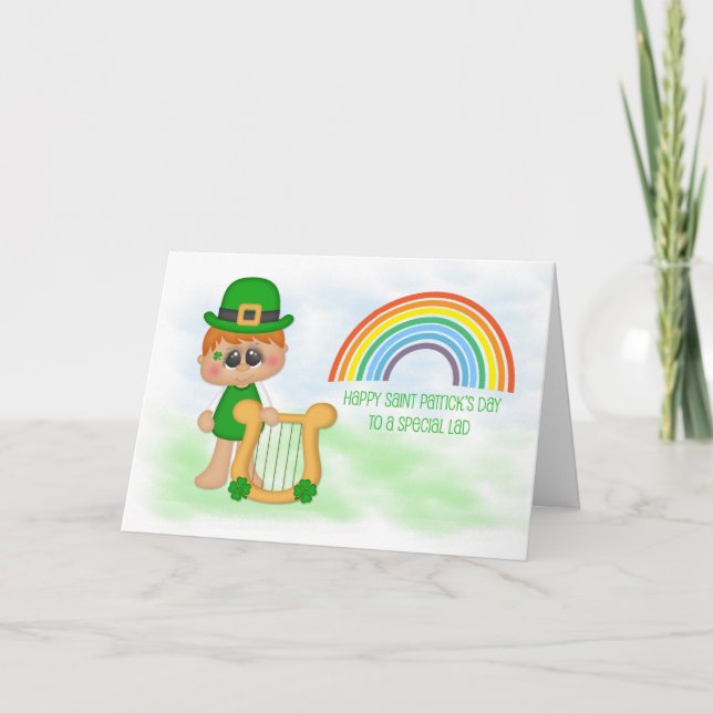 Tarjeta Little Boy with Harp, Rainbow, Saint Patrick's Day (Anverso)