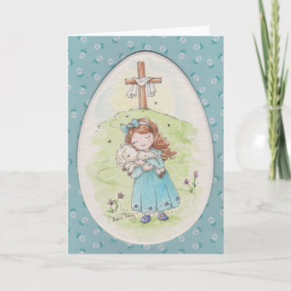 Tarjeta Little Girl Holding a Lamb Easter Morning