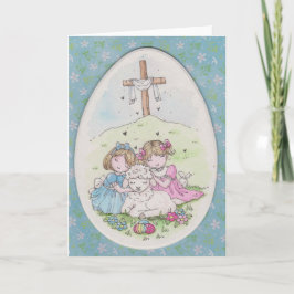 Tarjeta Little Girls and Little Lamb on Easter Morning
