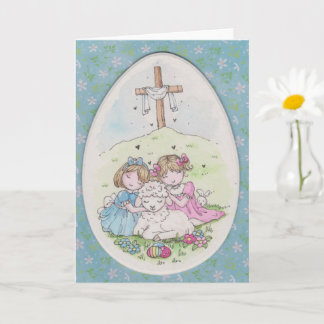 Tarjeta Little Girls and Little Lamb on Easter Morning
