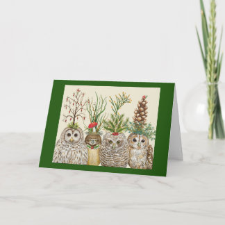 Tarjeta Little Owls with Holiday hats Folded Greeting Card