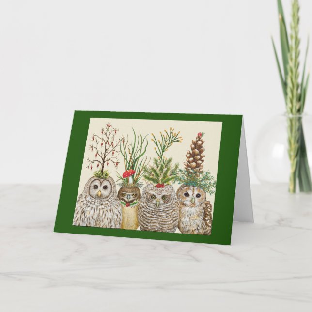 Tarjeta Little Owls with Holiday hats Folded Greeting Card (Anverso)