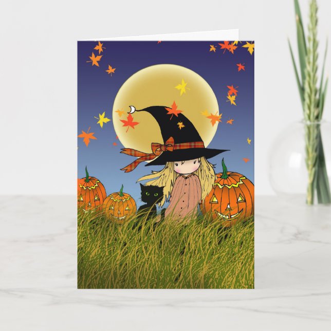 Tarjeta LIttle Witch and Black Cat Halloween Card (Anverso)
