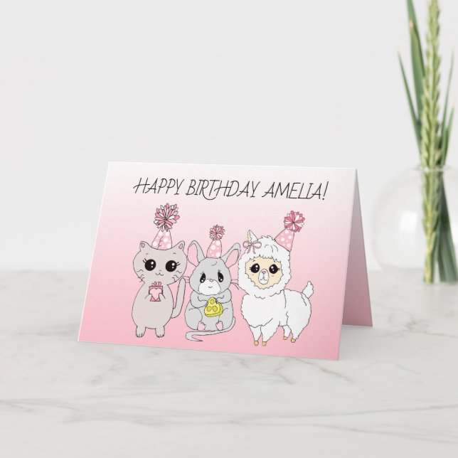 Tarjeta Llama caprichosa, cumpleaños de Chicas de gatitos  (Anverso)
