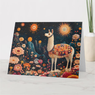 Tarjeta Llama caprichosa en un paisaje floral estelar