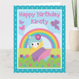 Tarjeta Llama de Arcoíris de Primavera Floral y Cumpleaños