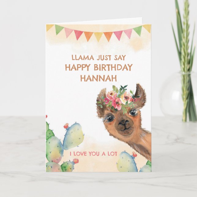 Tarjeta Llama de cumpleaños de acuarela (Anverso)