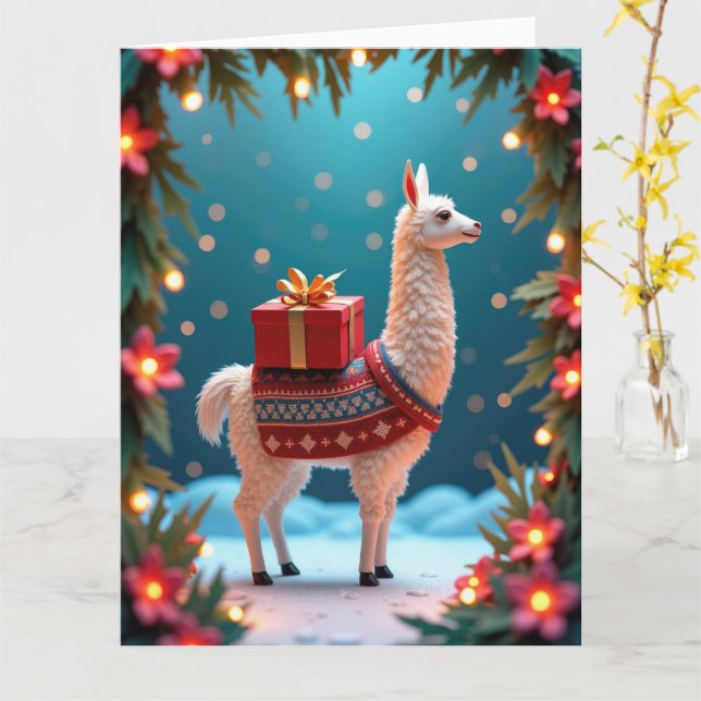 Tarjeta Llama festiva lleva regalos en escena nevada (flor amarilla)