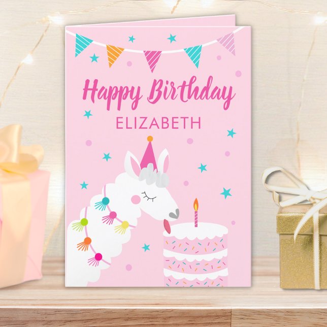 Tarjeta Llama nombre personalizado Pink Happy Birday (Subido por el creador)