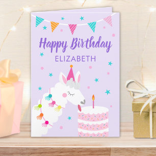 Tarjeta Llama nombre personalizado púrpura cumpleaños feli