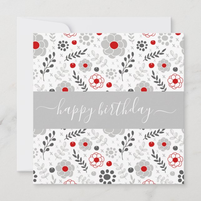 Tarjeta Llanura de cumpleaños de flores rojas y grises mod (Anverso)